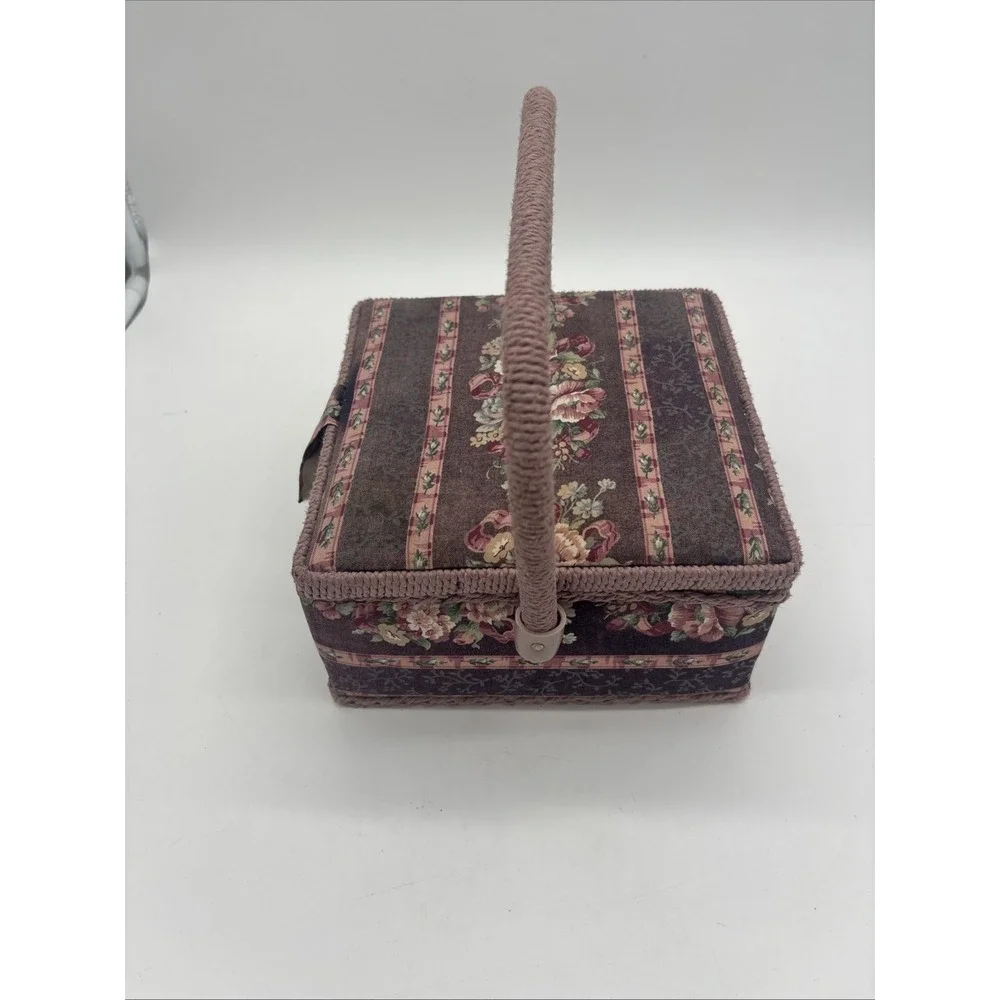Floral Wicker Sewing Basket Box Vintage Granny Chic Pin Cushion Box